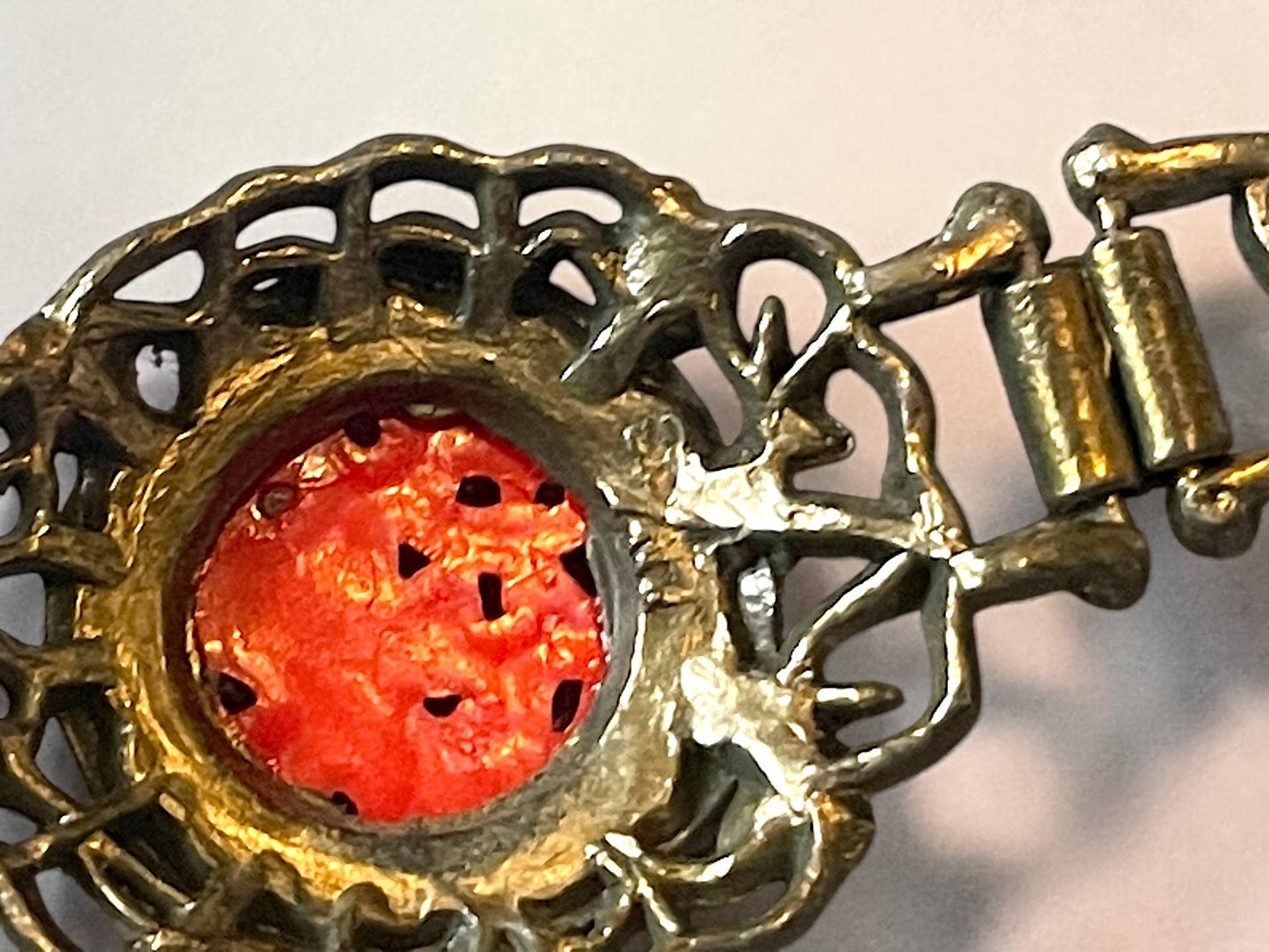 Art Nouveau Red Cinnabar Brass Flowers & Butterflies Panel Bracelet