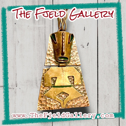 Vintage Brass & Copper Rebejas Designer Person Figural Mask Necklace