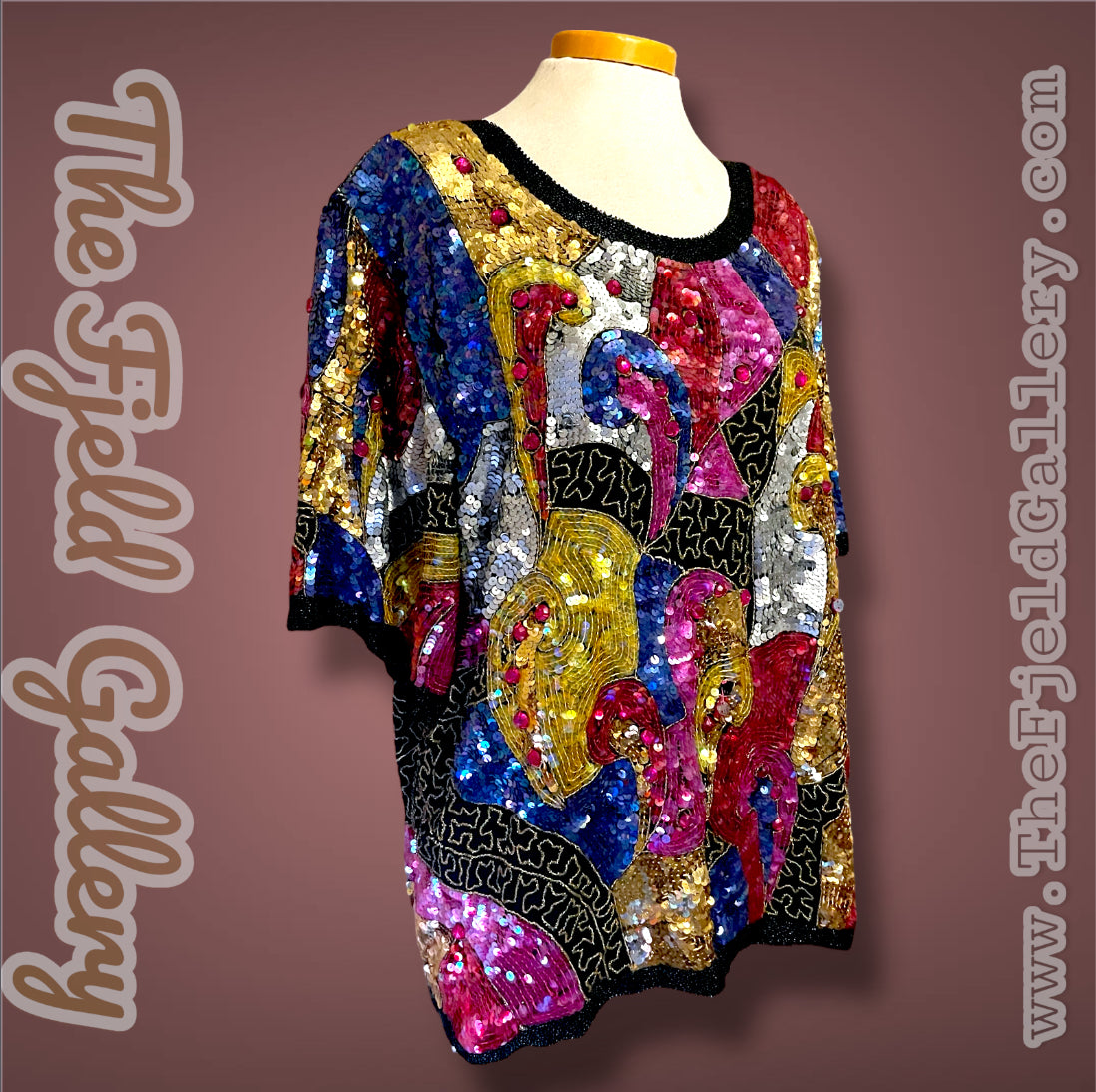1970’s 100% Silk Sequin, Glass Seed Bead & Rhinestone Abstract Rainbow Top