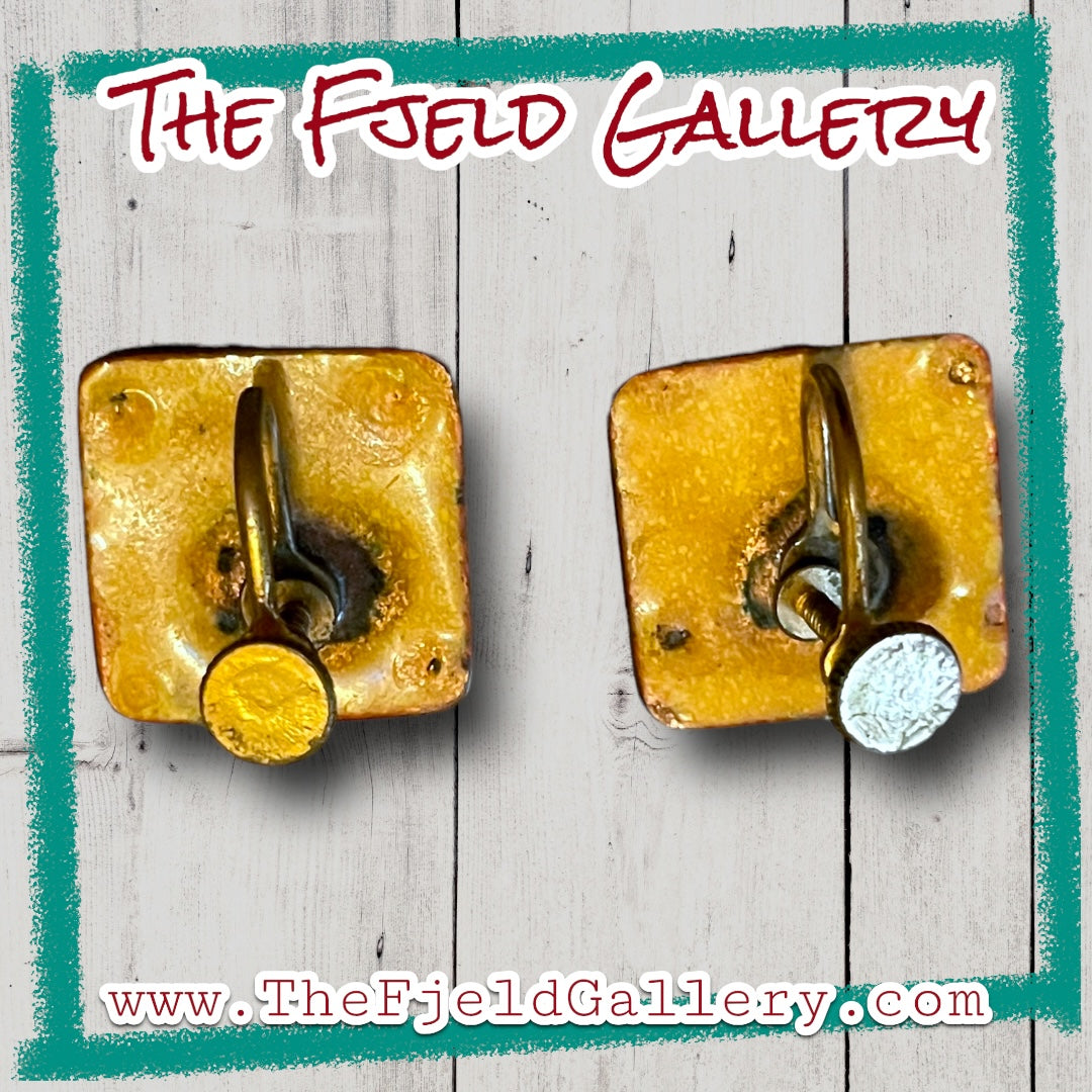 Vintage Square Copper Yellow & Pink Enameled Screwback Earrings