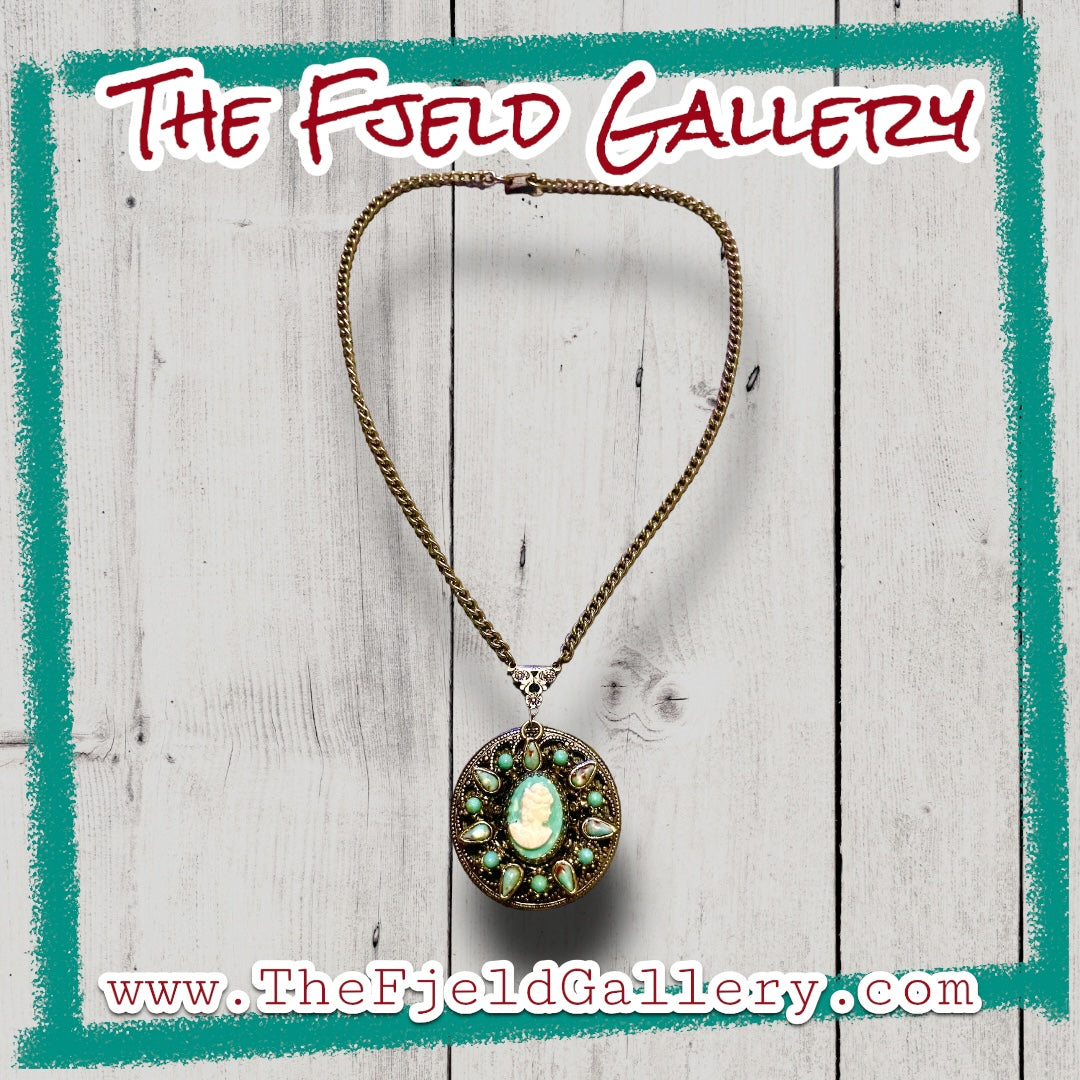 Turquoise Blue Hubble Glass Cameo Silver Filigree Necklace