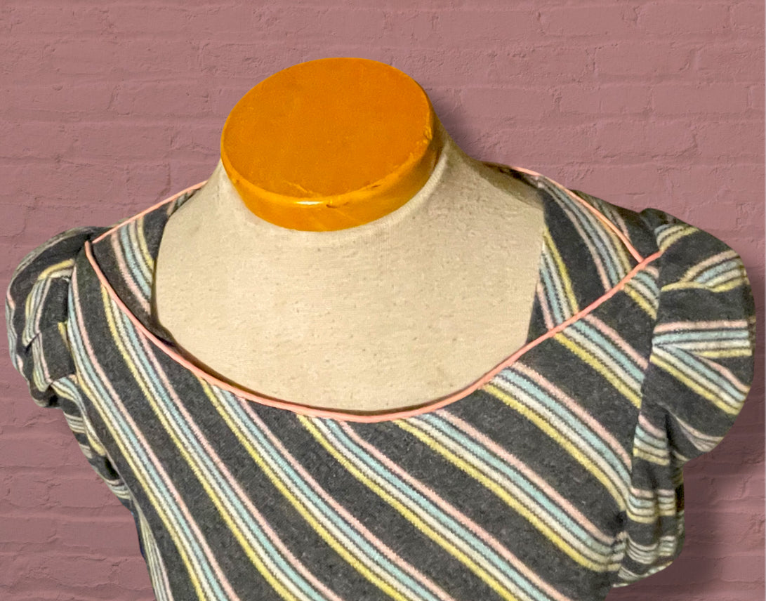 Vintage 1980’s Knit Grey & Pastel Pink, Blue, & Yellow Striped Dress