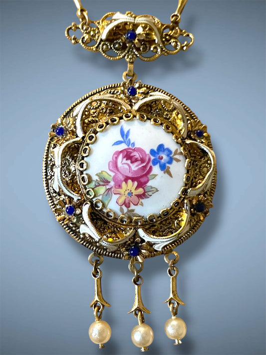 Art Nouveau Gilded Brass Filigree Porcelain Rose Floral Bouquet Limoge, Cloisonné Enamel & Blue Art Glass Necklace