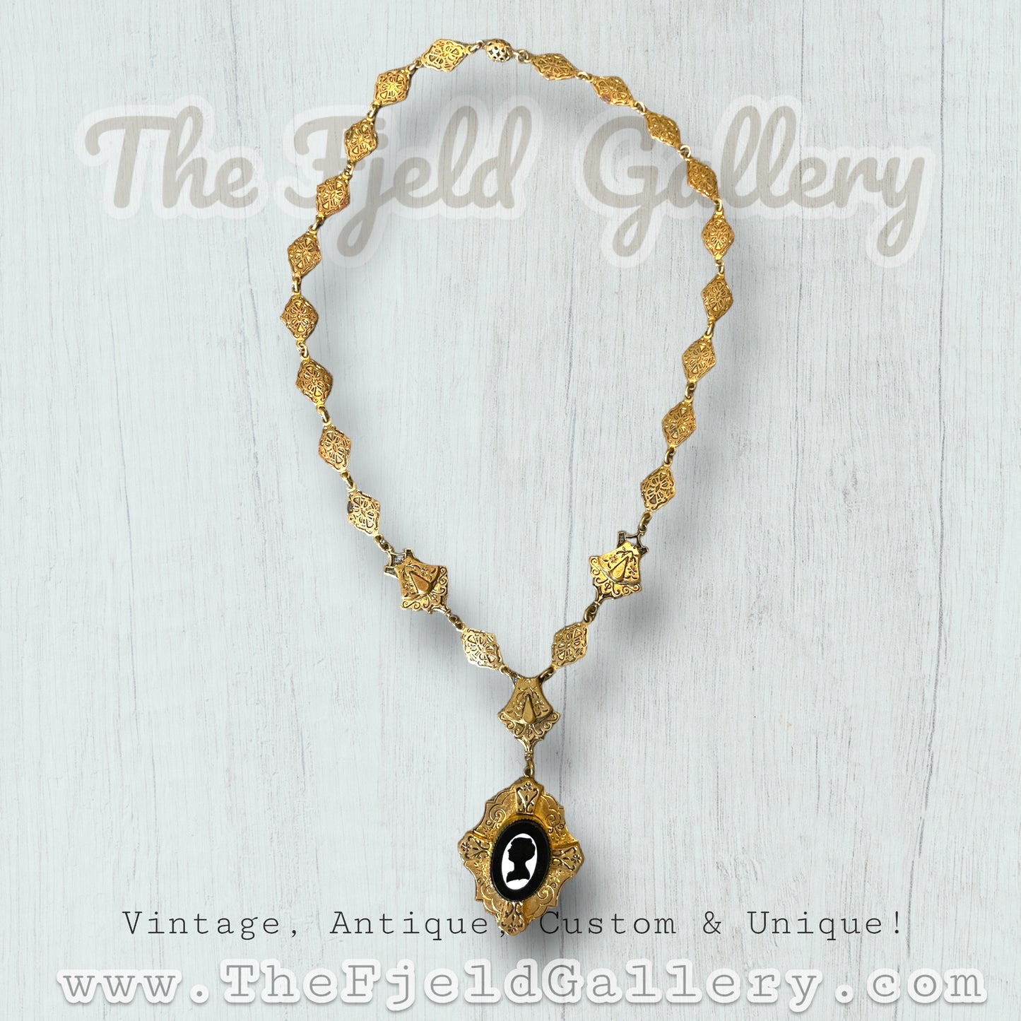 Victorian Mourning Cameo on Gold Embossed Chain Necklace