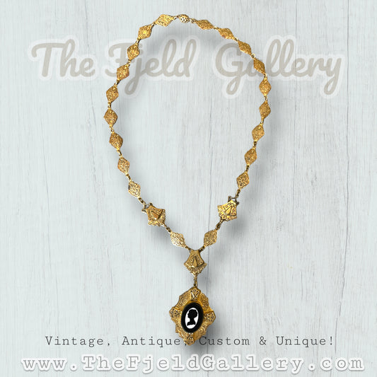 Victorian Mourning Cameo on Gold Embossed Chain Necklace