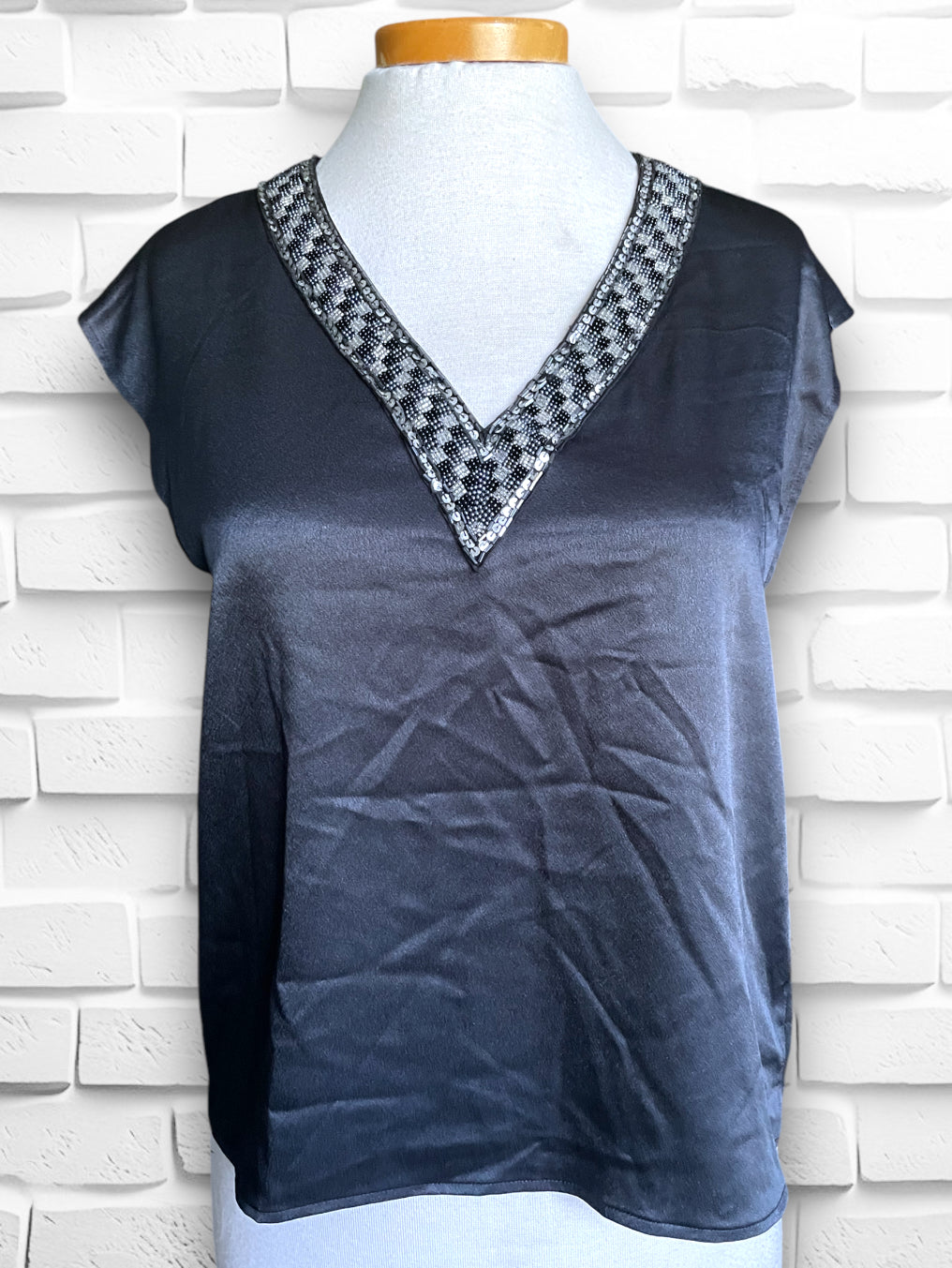 1990’s Vintage Black Satin Blouse w/ Black & Silver Seed Bead & Sequin Collar