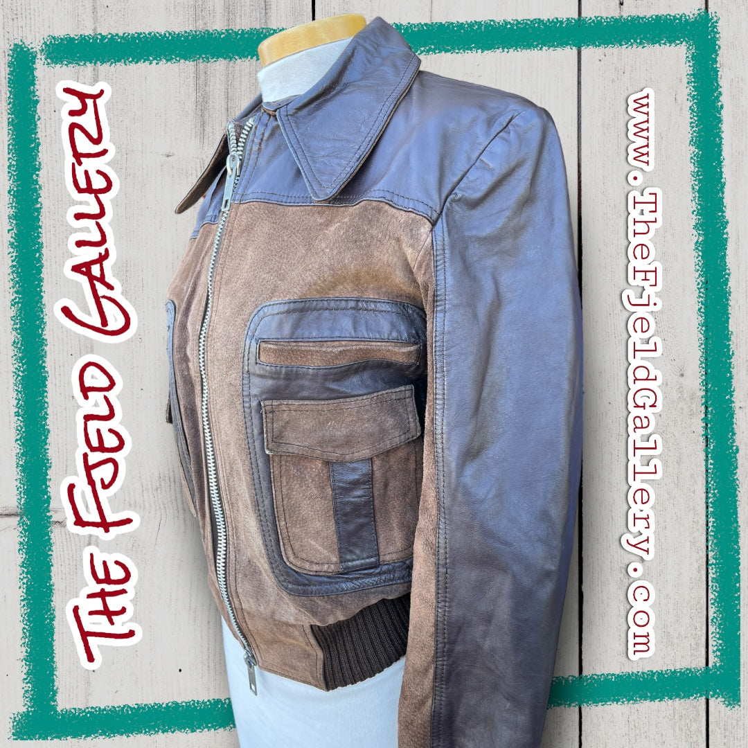Vintage Brown Leather, Suede & Knit Bomber Jacket with Double Zipper