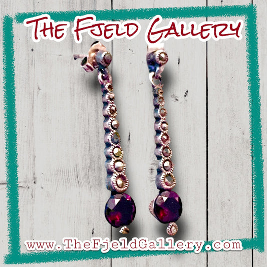 Art Deco Vintage Sterling Silver Red Garnet & Marcasite Dangle Earrings