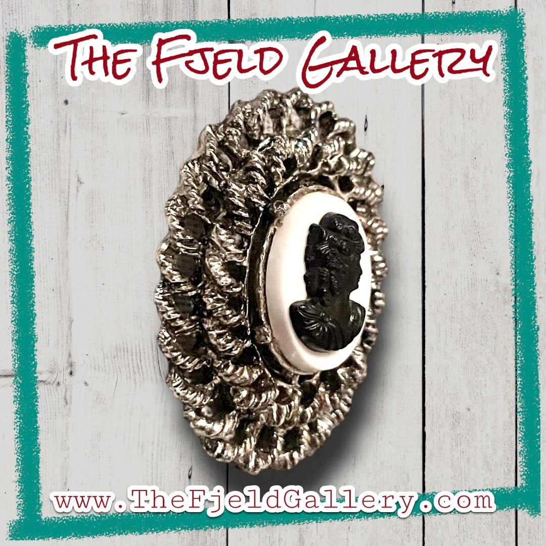 Vintage Black & White Cameo in Silver Brooch