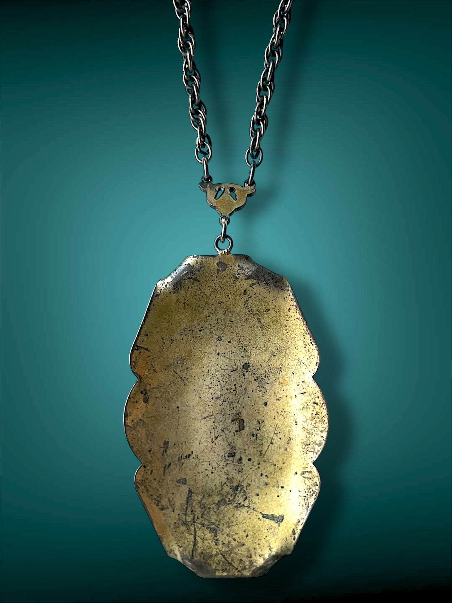 Victorian Black Mourning Cameo Brass Filigree Openwork Stamped Pendant Necklace