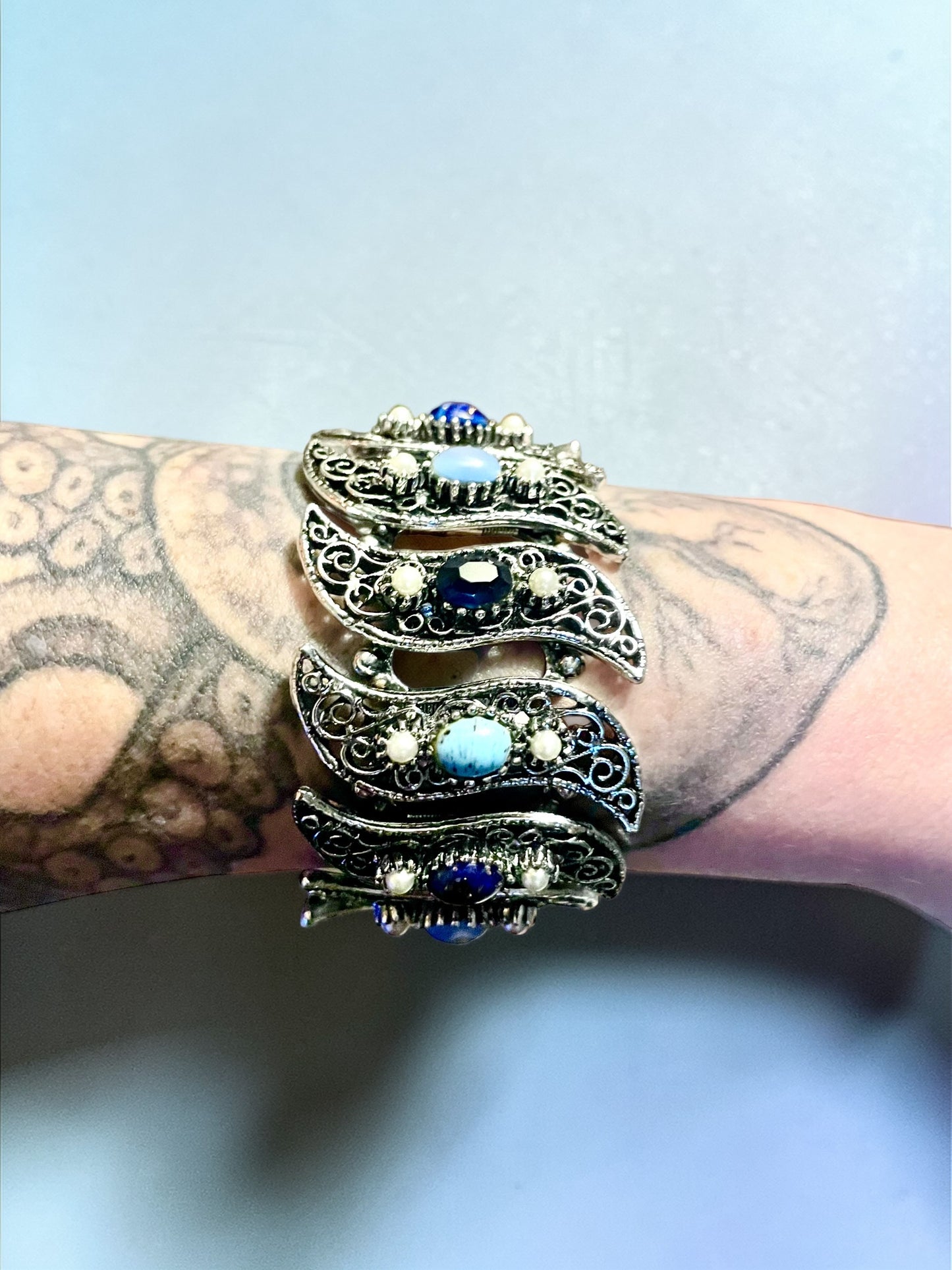 Turquoise, Saphire, Cats Eye Art Glass & Crystal Bookchain Silver Chunky Panel Bracelet & Earring Set