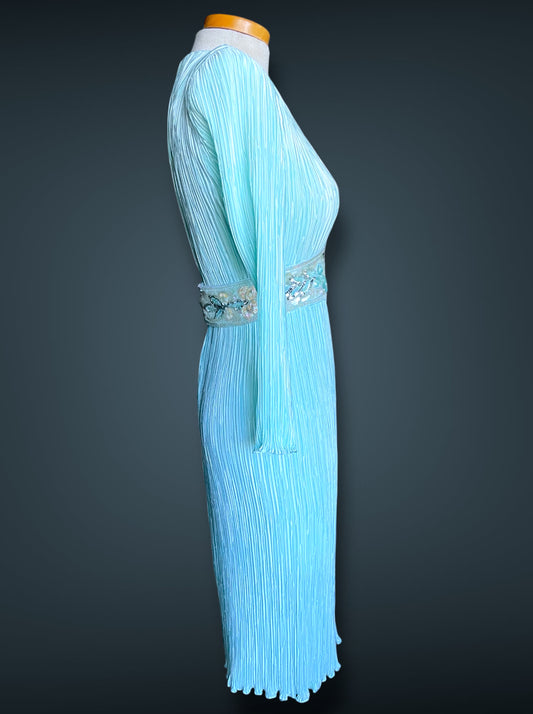 Vintage 1980’s Baby Blue Accordion Pleat Long Sleeve Dress w/ Aurora Borealis Sequins & Glass Beads