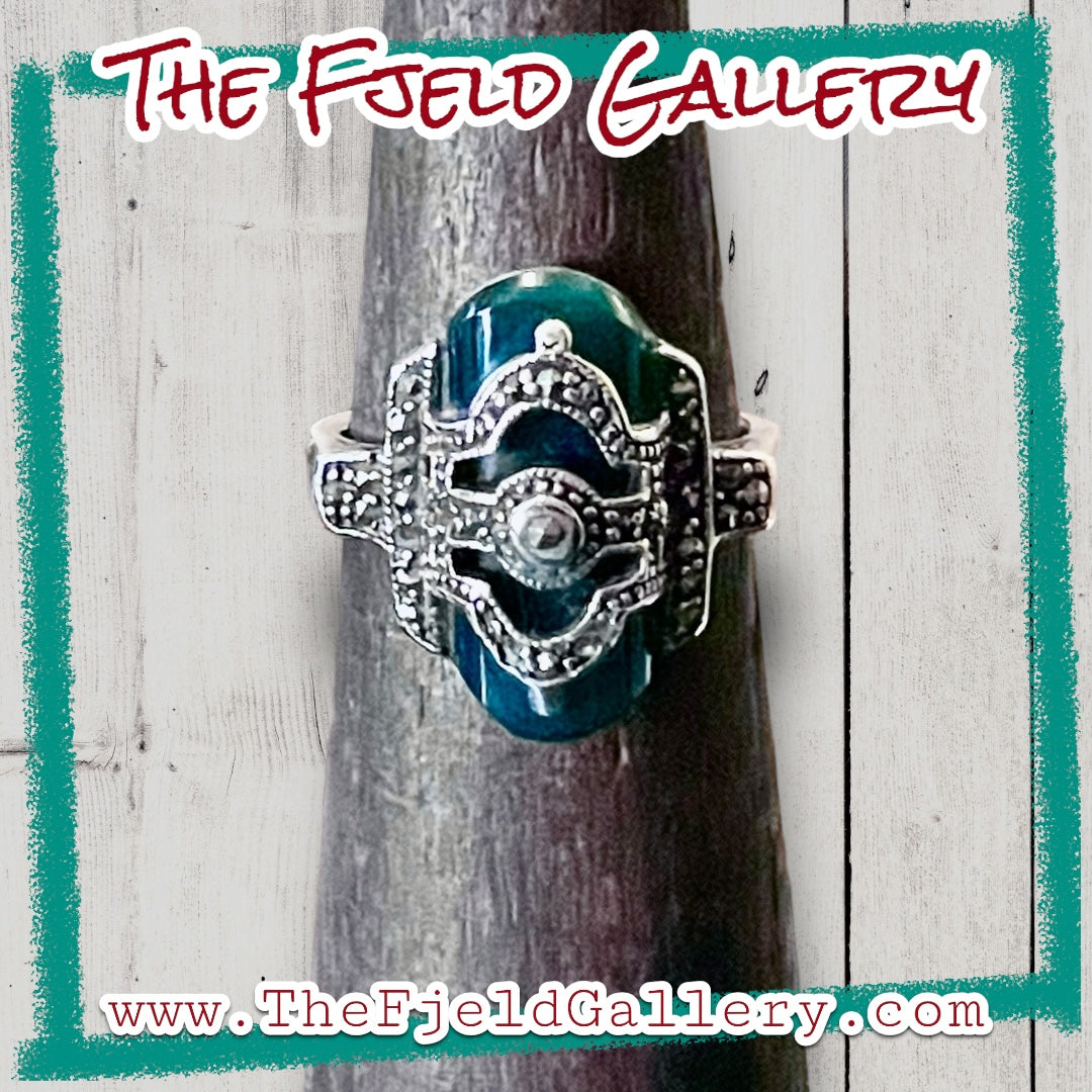 Chrysoprase Unique Art Deco Sterling Silver & Marcasite Overlay Ring