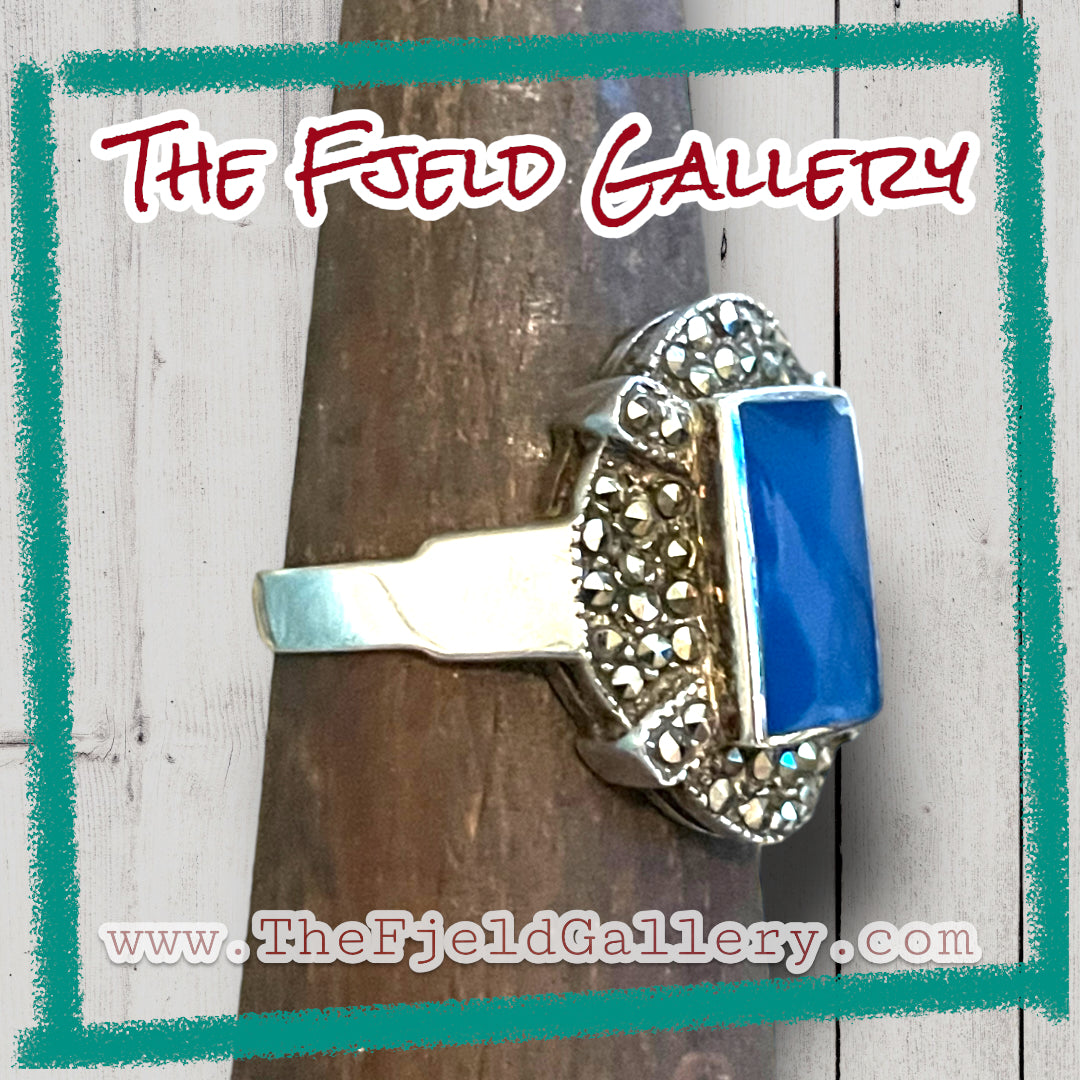 Vintage Art Deco Blue Chalcedony & Marcasite Sterling Silver Ring