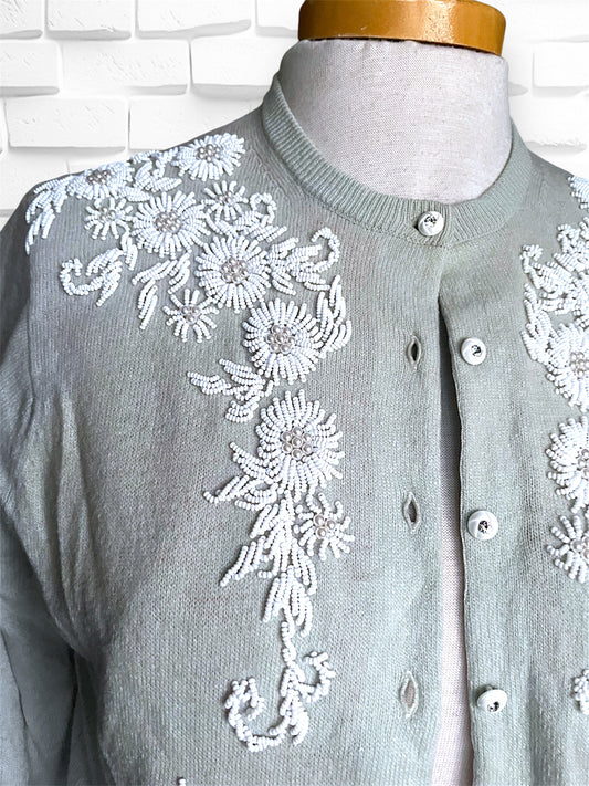 Gorgeous Vintage Seed Beaded Flower Design Grey Cardigan Sweater with Crystal Buttons & Red Silk Accent Lining