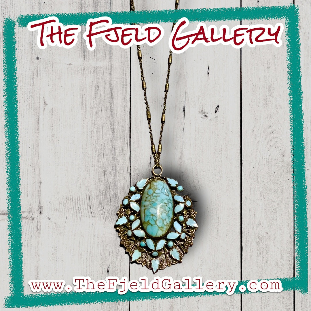 Czechoslovakian Blue Hubble Art Glass & Enamel Brass Filigree Necklace