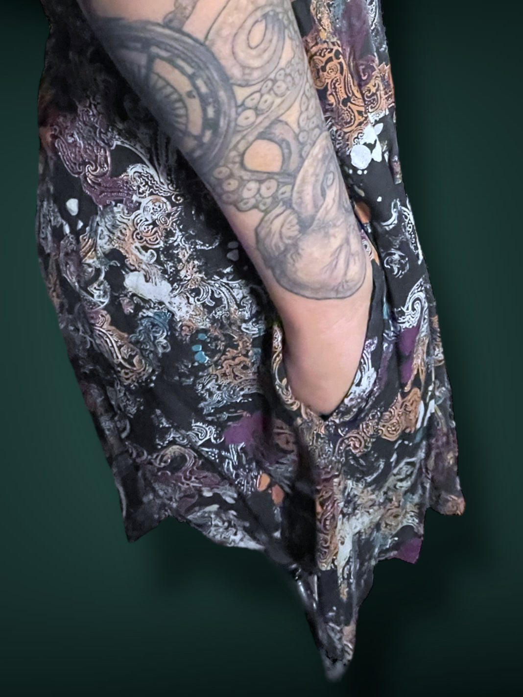 1990’s Black & White Paisley Print w Purple, Teal & Rust Bleach Splash Sundress