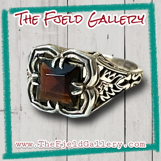 Smokey Topaz Square Gemstone Victorian Sterling Silver Filigree Ring