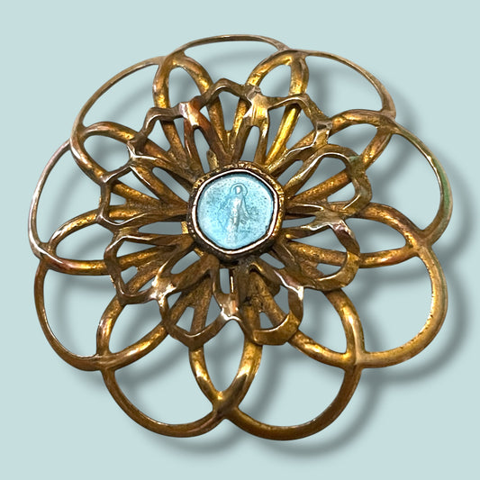 Vintage Religious Virgin Mother Mary Cloisionné Enamel Brass Flower Brooch