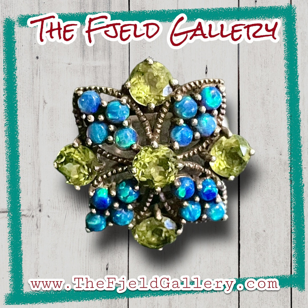 Peridot & Blue Fire Opal Flower Sterling Silver Ring