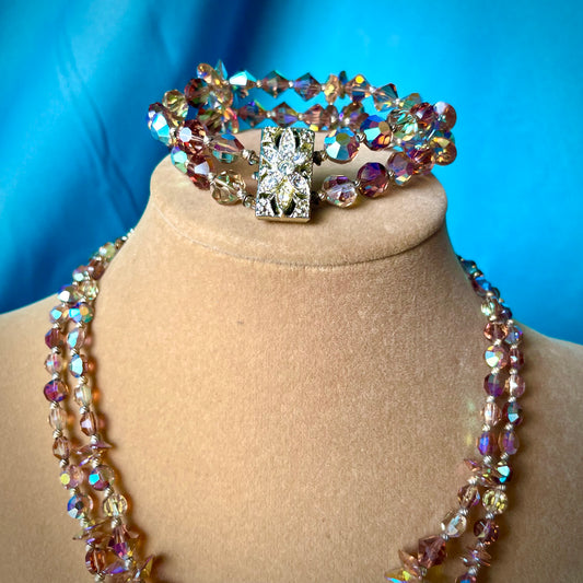 Aurora Borealis Champagne Austrian Crystal Double Strand Necklace & Bracelet Demi Parure