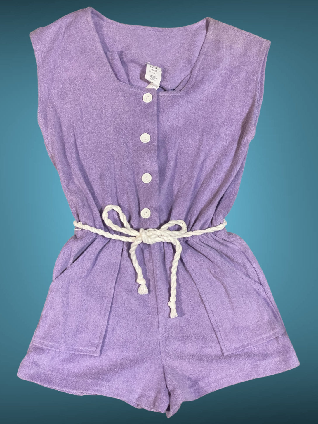Vintage 1990’s Purple Terrycloth Button Up Jumpsuit Romper w/ Pockets