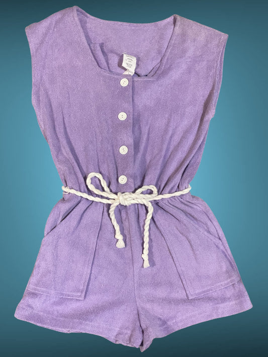 Vintage 1990’s Purple Terrycloth Button Up Jumpsuit Romper w/ Pockets