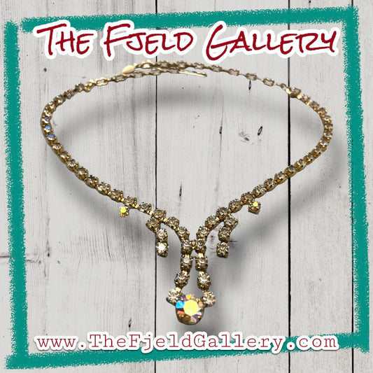 Hollywood Regency Aurora Borealis Crystal Rhinestone Silver Expansion Choker Necklace