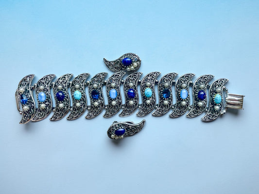 Turquoise, Saphire, Cats Eye Art Glass & Crystal Bookchain Silver Chunky Panel Bracelet & Earring Set