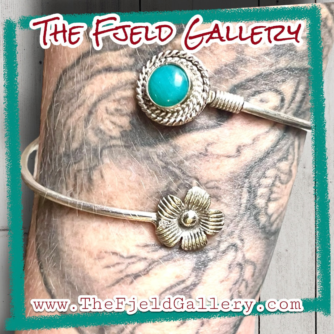 Vintage Sterling Silver & Turquoise Flower Bypass Bracelet