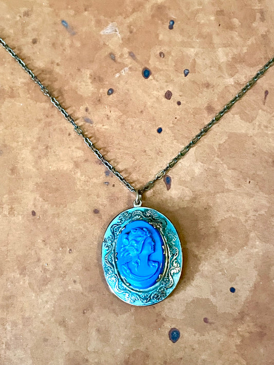 Art Nouveau Brass & Green Enamel Blue Art Glass Cameo Locket Necklace