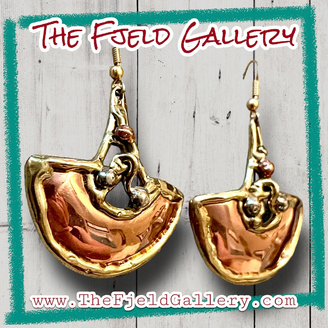 Vintage Barbaric Brutalist Arts & Crafts Copper & Brass Geometric Dangle Earrings