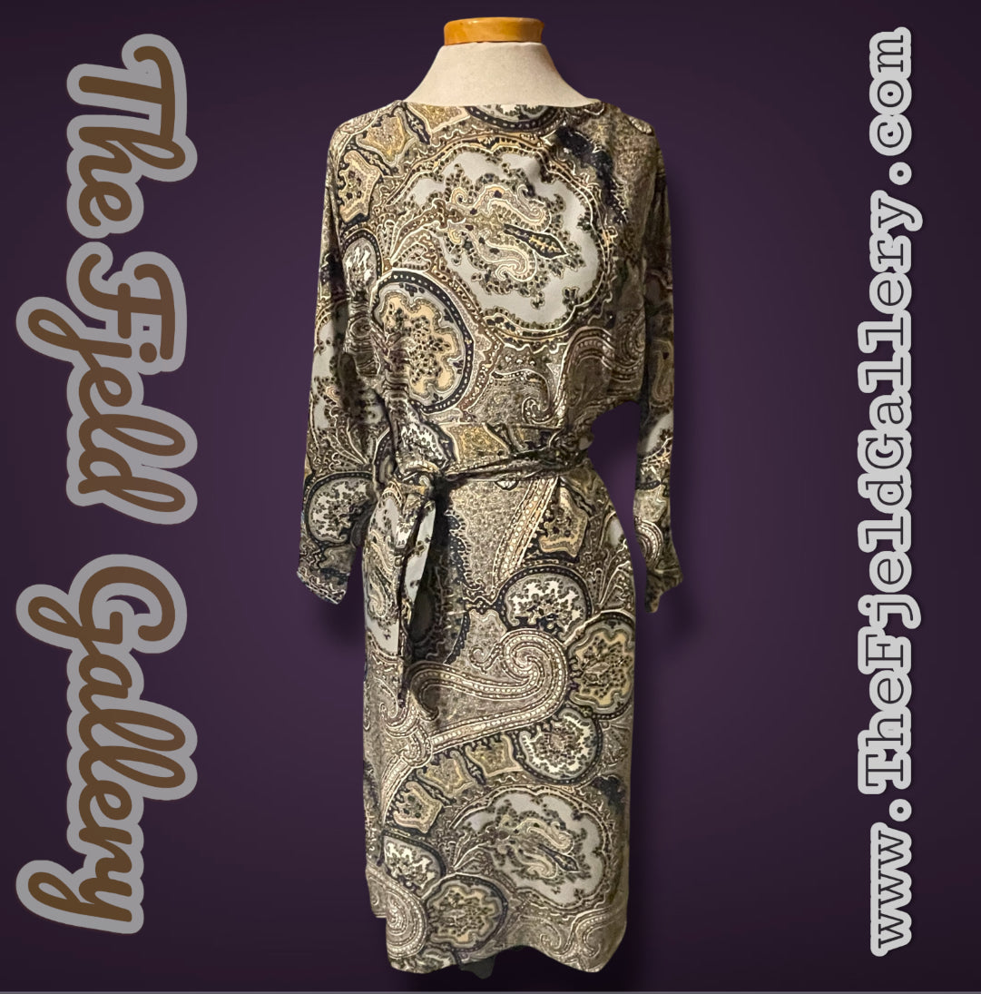 1970’s Brown, Gray, Black & White Paisley Pattern Bat Wing Belted Sheath Dress
