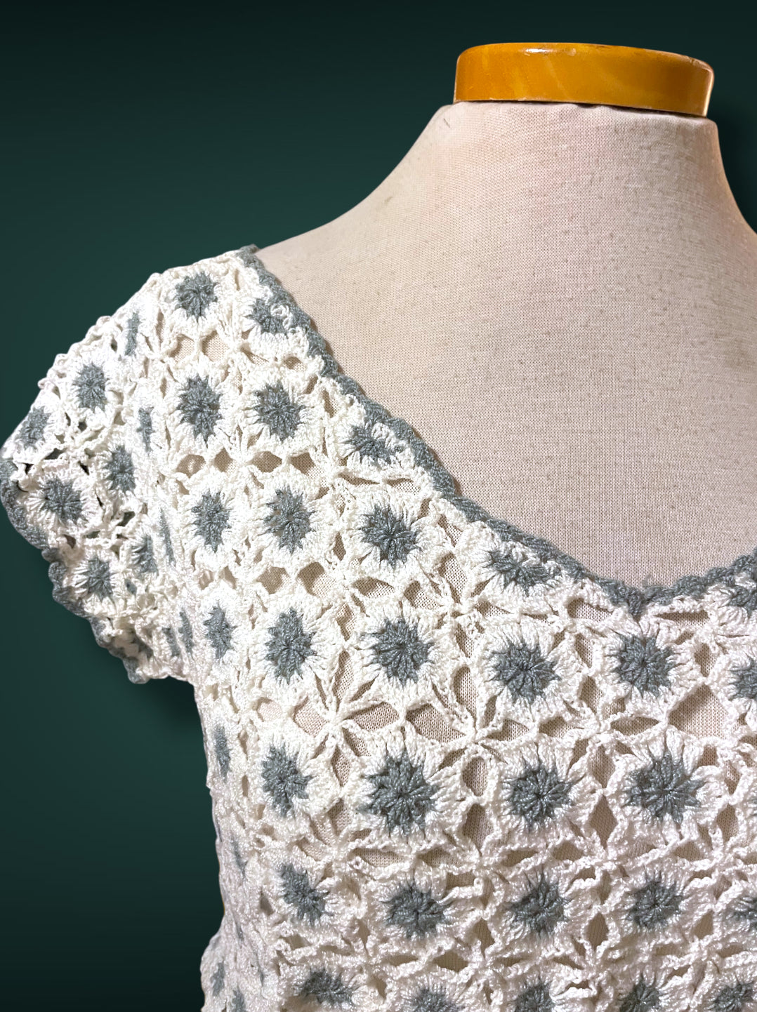 1970’s Vintage White & Gray Crochet Knit Floral Bow Waist Dress