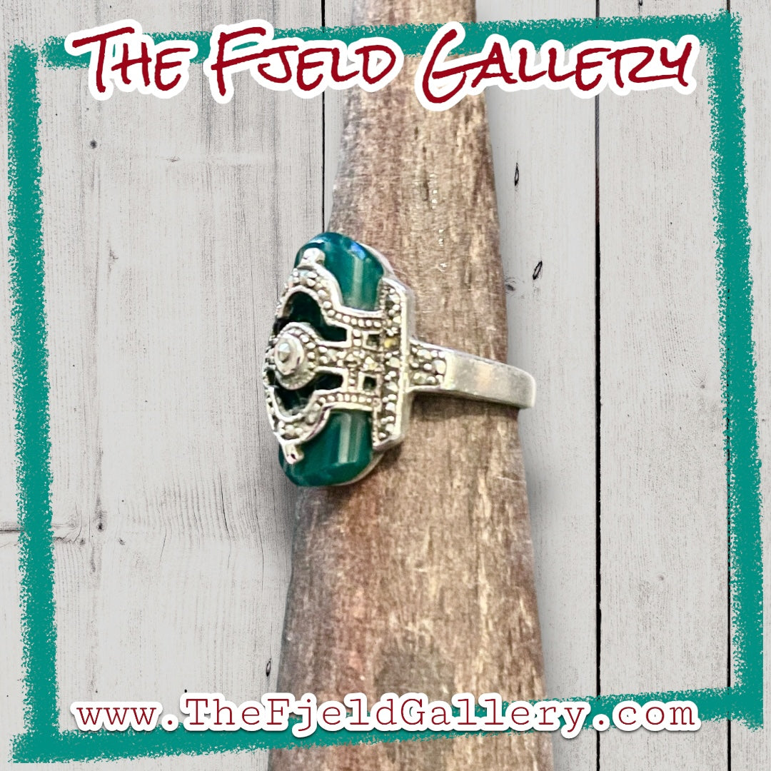 Chrysoprase Unique Art Deco Sterling Silver & Marcasite Overlay Ring