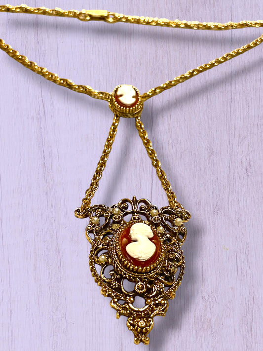 Ornate Victorian Rococo Revival Double Cameo Drop Pearl Necklace