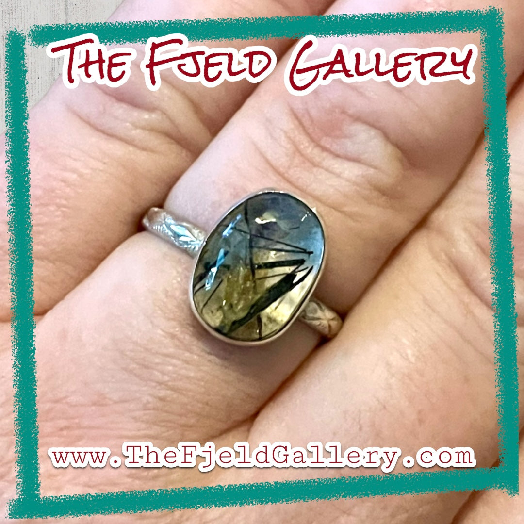 Handmade Rutile Gold & Black Quartz Sterling Ring