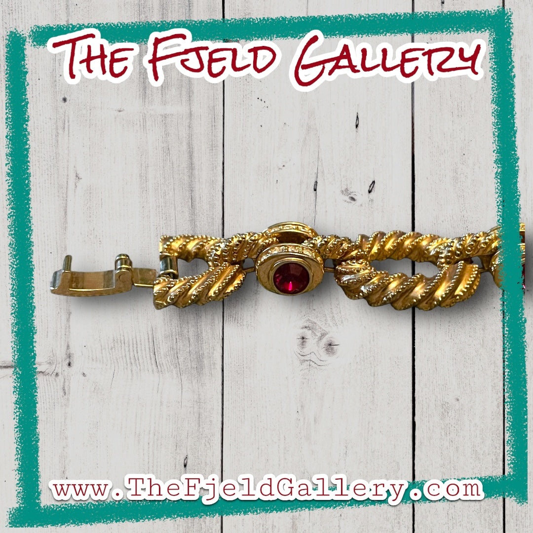 Hollywood Regency Gold Link Bracelet with Ruby Red & Crystal Rhinestones