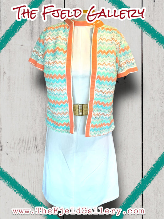 1960’s White, Pastel Pink, Blue & Green Spring Sleeveless Dress & Sweater Set