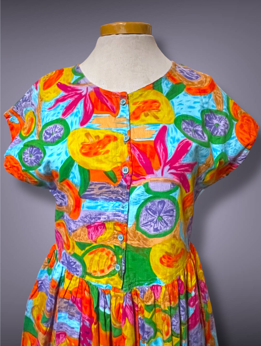 1990’s Bright Rainbow Flower & Fruit Pattern Button Bust Pocket Dress