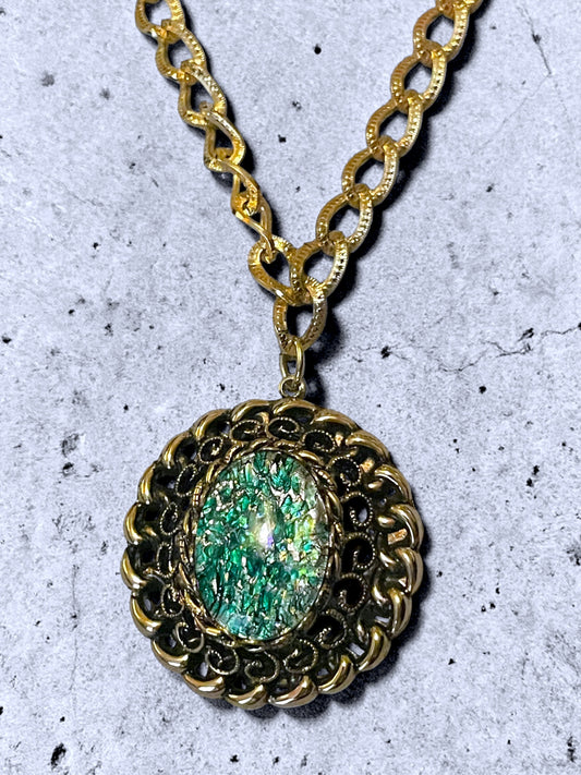 Whiting & Davis Green Dragons Breath Fire Opal Foil Art Glass Gold Pendant Necklace