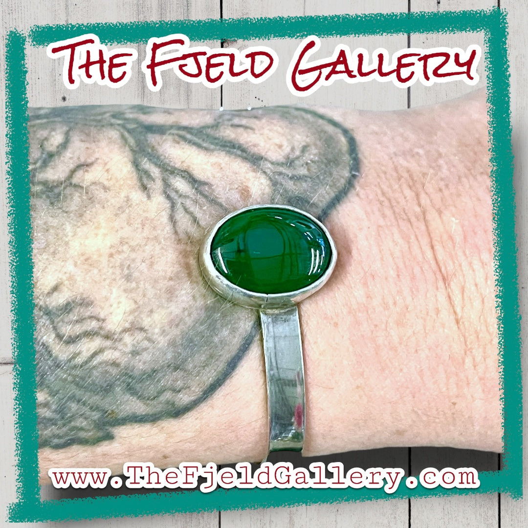 Green Jade Cabochon Sterling Cuff Bracelet