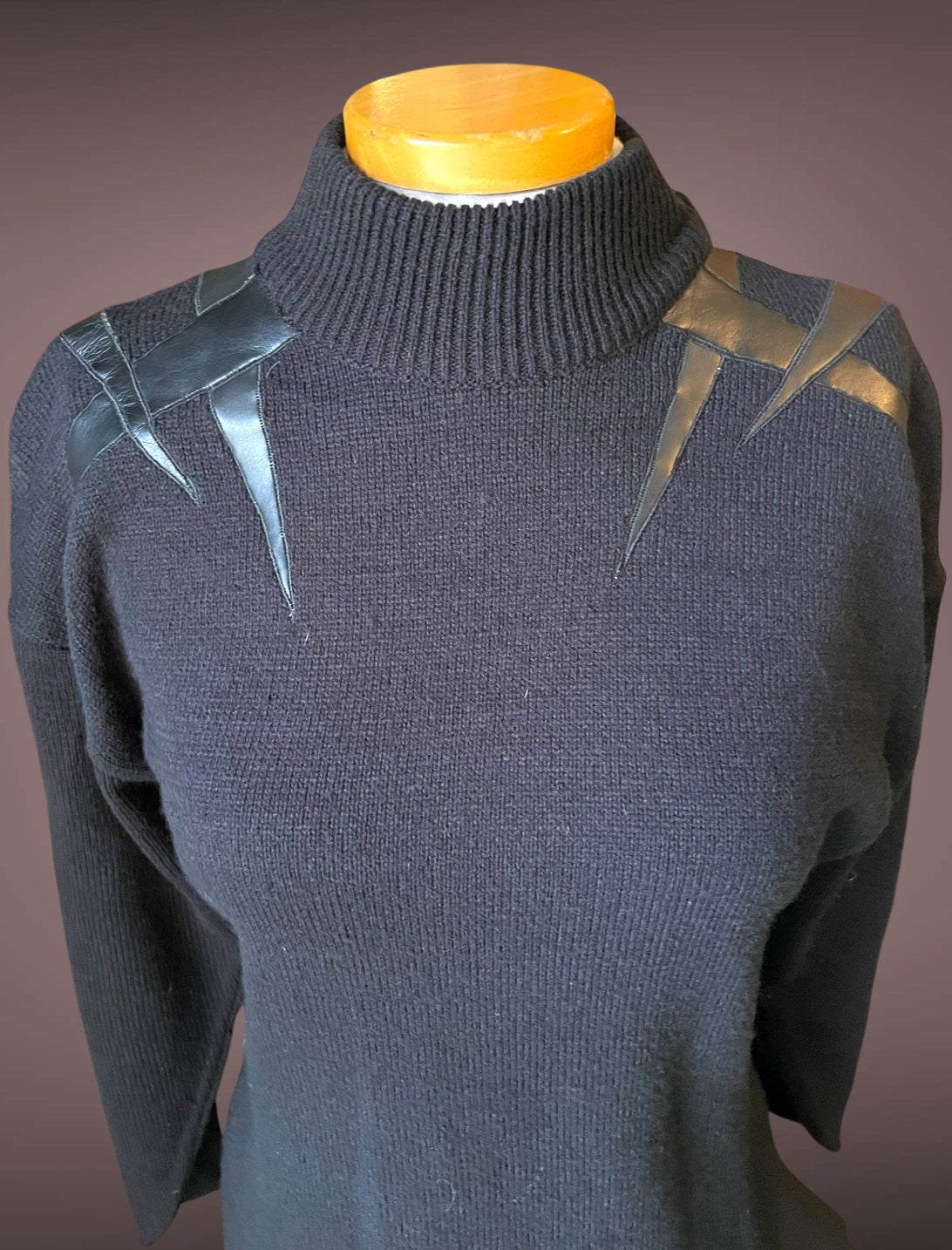 1980’s Amilano Black Sweater Dress w/ Geometric Faux Leather Shoulder Detail