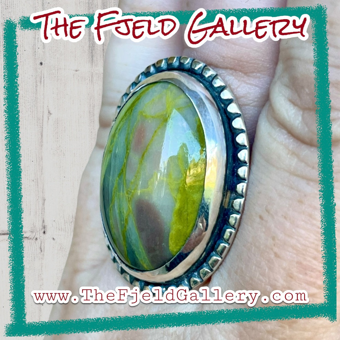 Handmade Serpentine Gemstone Cabochon Sterling Silver Ring