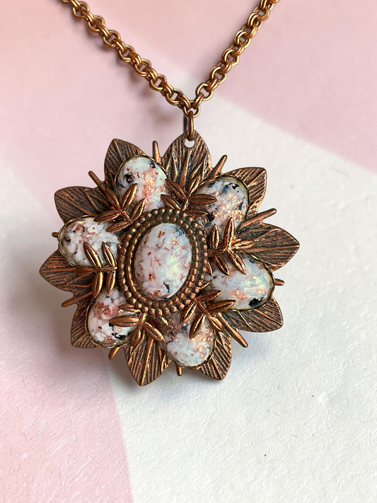 Renoir Copper Starburst White & Black, Pink Confetti Foil Art Glass Pendant Necklace