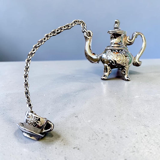 Vintage Silver Teapot & Teacup Pouring Brooch Lapel Pin