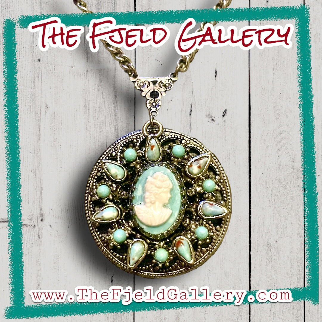 Turquoise Blue Hubble Glass Cameo Silver Filigree Necklace