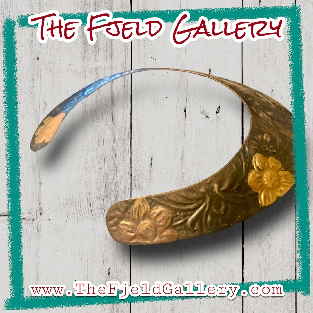 1970’s Runway Copper Mixed Metal Flourish Shield Neck Cuff Bib Necklace