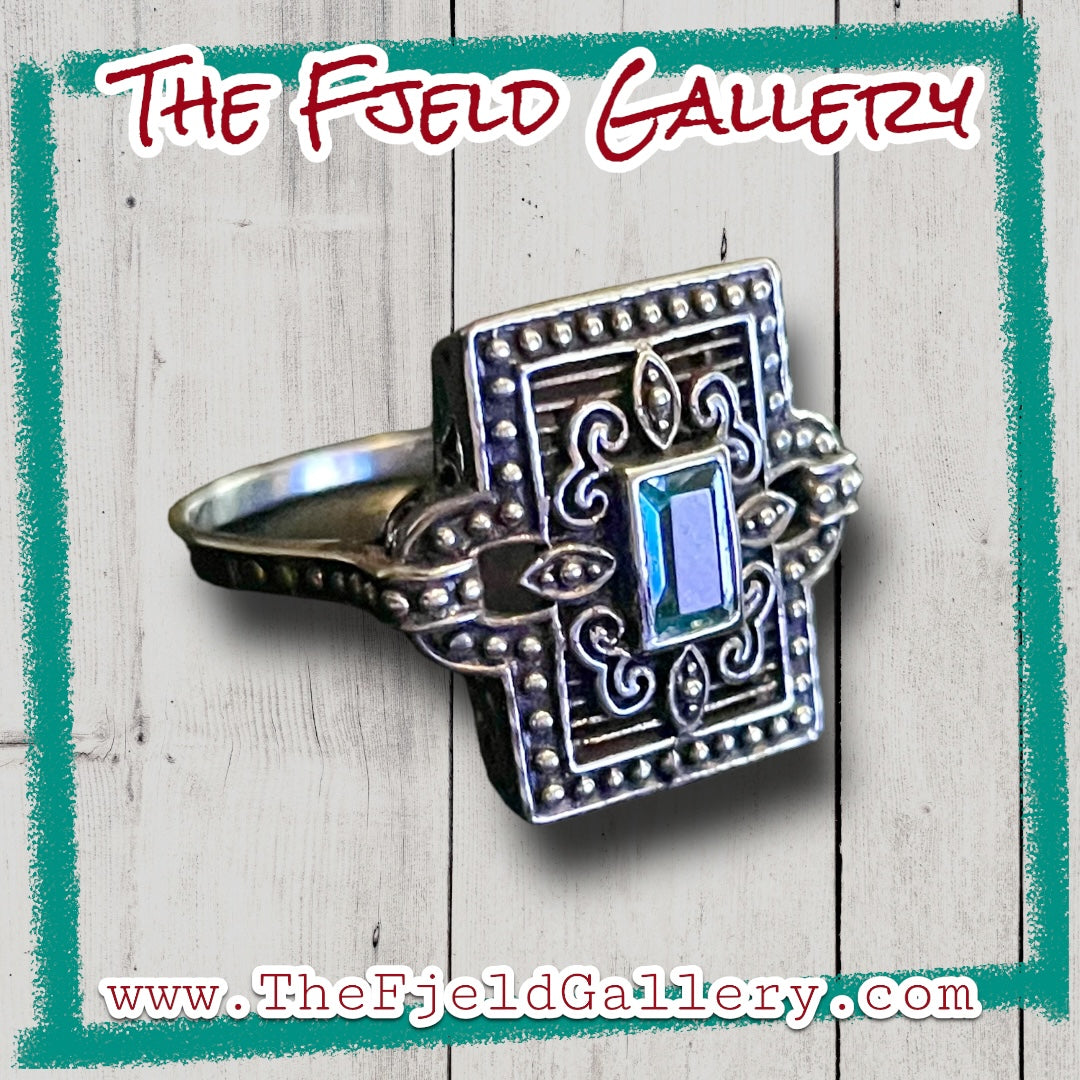 Victorian Aquamarine Square Filigree Open Work Sterling Ring