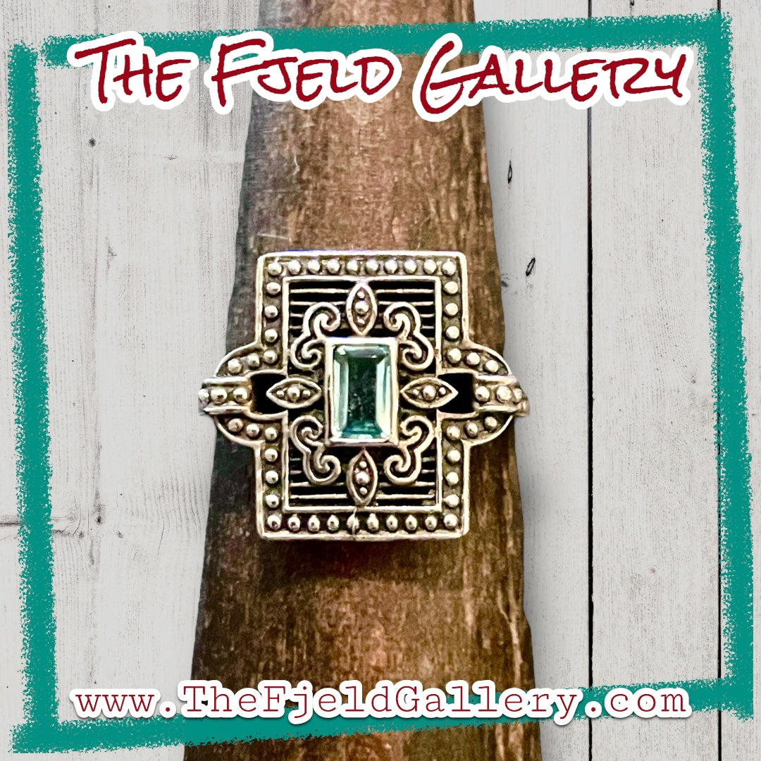 Victorian Aquamarine Square Filigree Open Work Sterling Ring